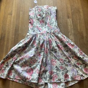 Floral Print Strapless drop waist gown in Cream and Pink